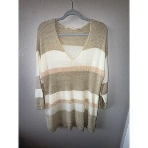 Soft Surroundings Sweater Womens Large Striped Pullover‎ VNeck Knit Cozy Trendy